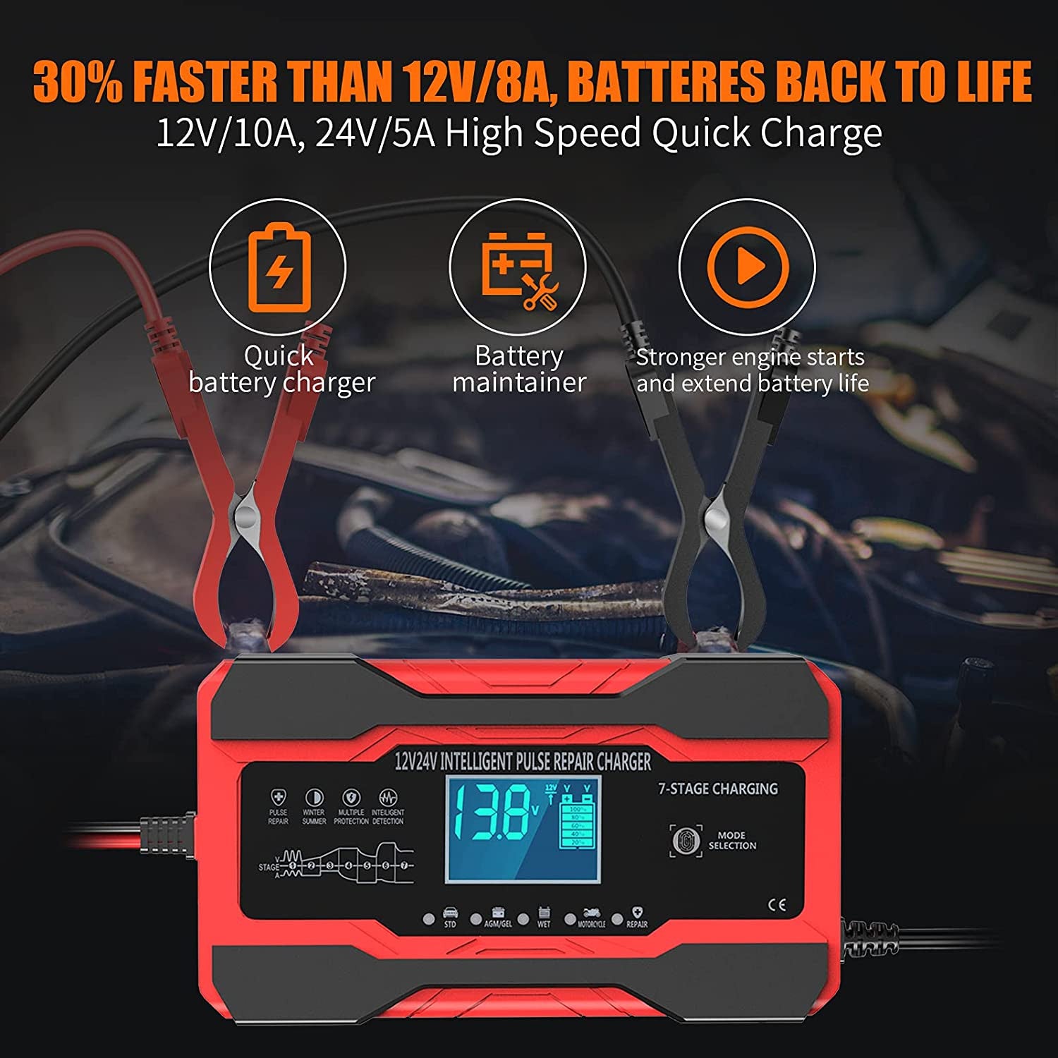 10 Amp Auto Battery Charger for 12V and 24V Cars, Motorcycles, and Trucks Trend Times 1