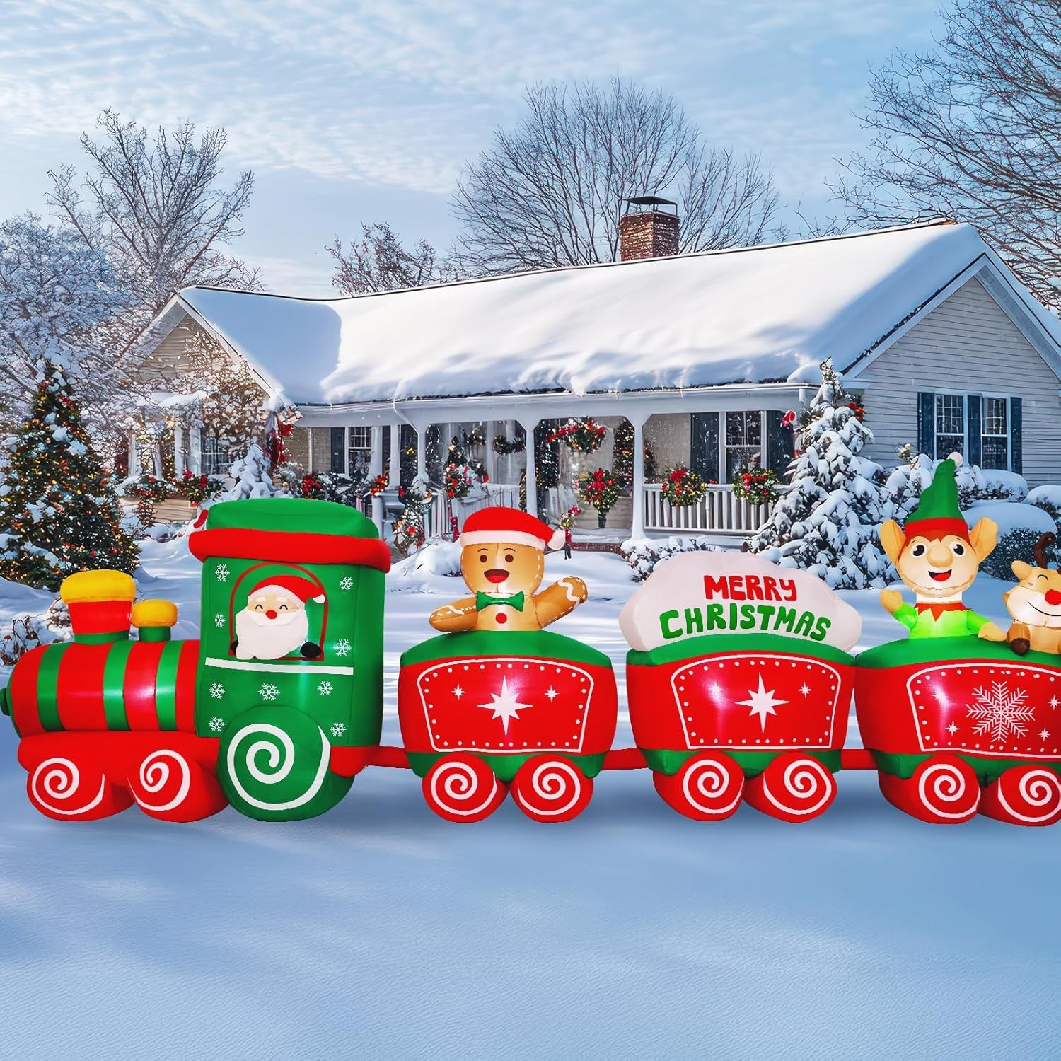 12ft Christmas Inflatable Train Featuring Santa Claus, Reindeer, and Gingerbread Man Trend Times 0
