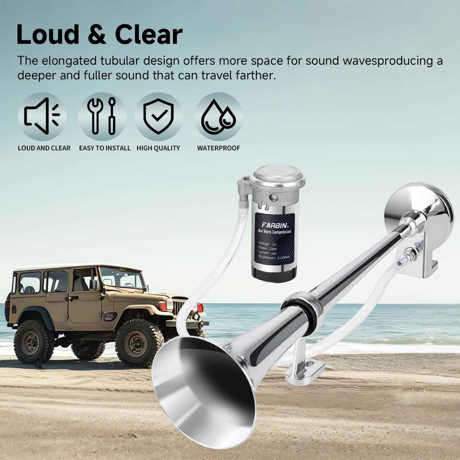 12V 150dB Air Horn Kit 18-Inch Chrome Zinc Single Trumpet Loud Truck Horn Trend Times 1