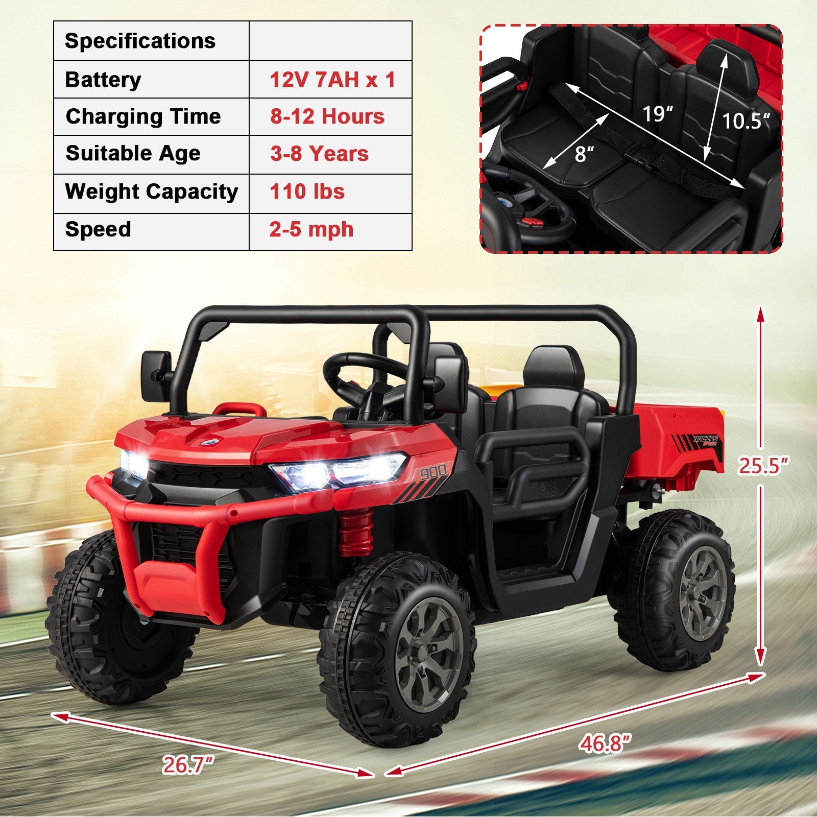 12V 2-Seater Electric Ride-On UTV Dump Truck with Remote Control, Dump Bed, and Shovel - Red Trend Times 1