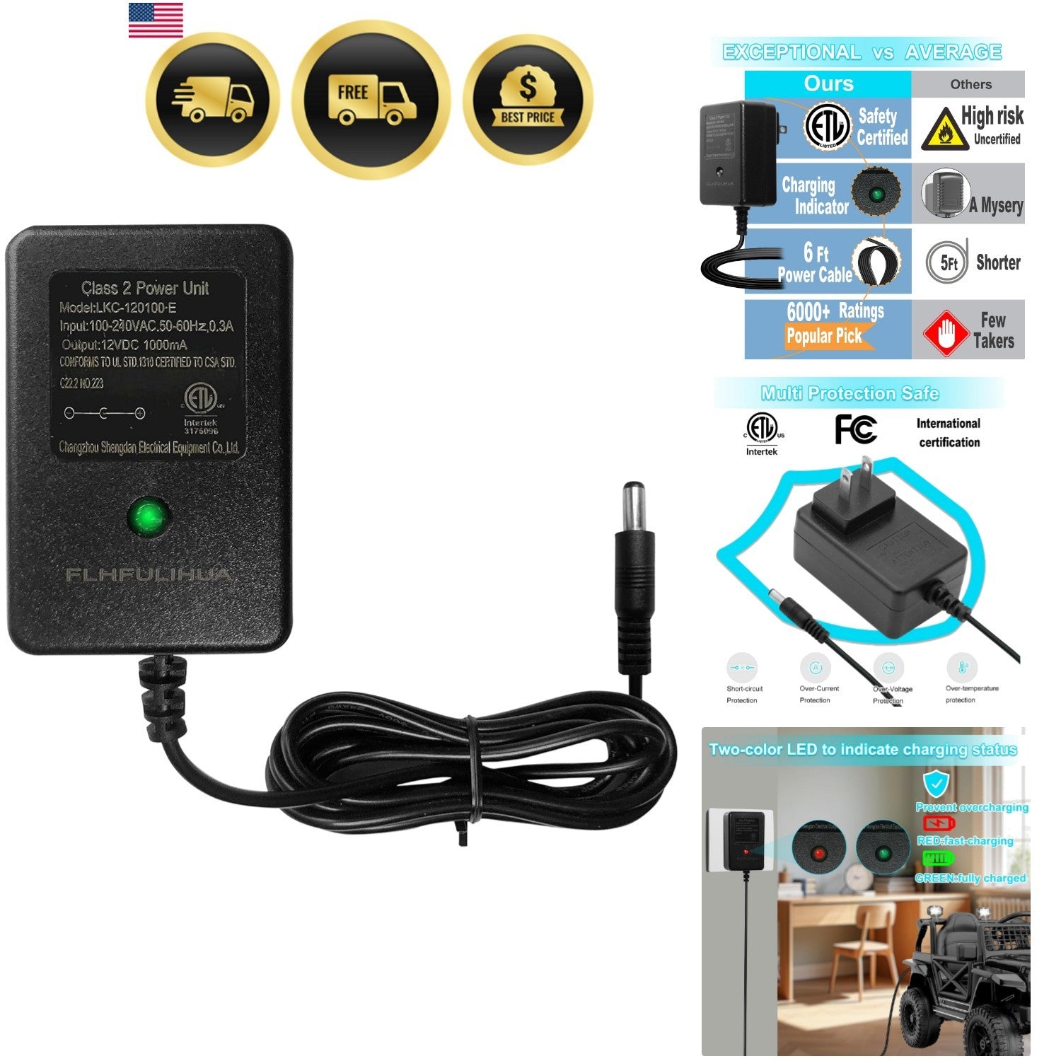 12V Battery Charger and Power Supply for Kids Ride-On Cars, Scooters, and ATVs Trend Times 0