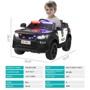 12V Battery-Powered Electric Police Ride-On Car with Parent Remote Control for Kids Ages 3-8 Trend Times 1