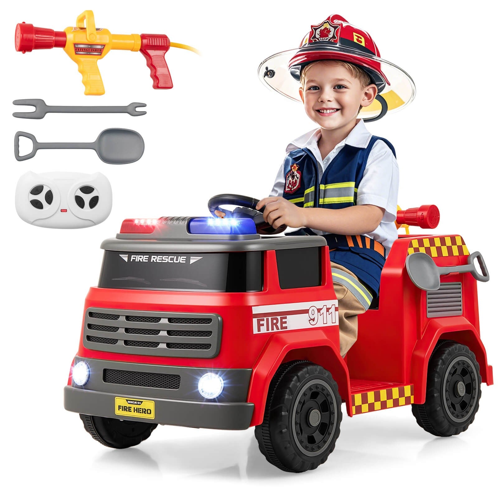 12V Battery-Powered Toy Car with Water Gun, Tank Interphone, Shovel, Wrench, and Music Features Trend Times 0
