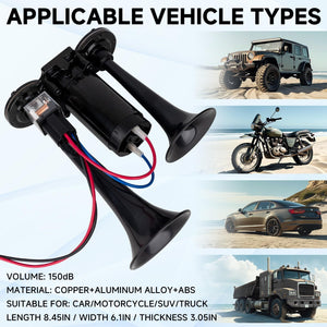 12V Black Waterproof Truck Horn with 150dB Compressor and Integrated Dual Tubes Trend Times 2