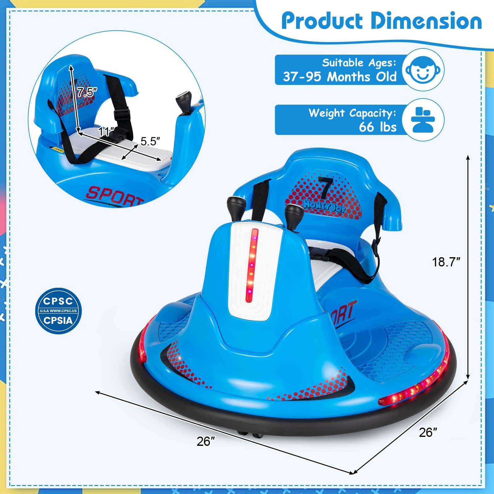 12V Electric Ride-On Bumper Car for Kids and Toddlers with 360 Degree Spin Blue Trend Times 1
