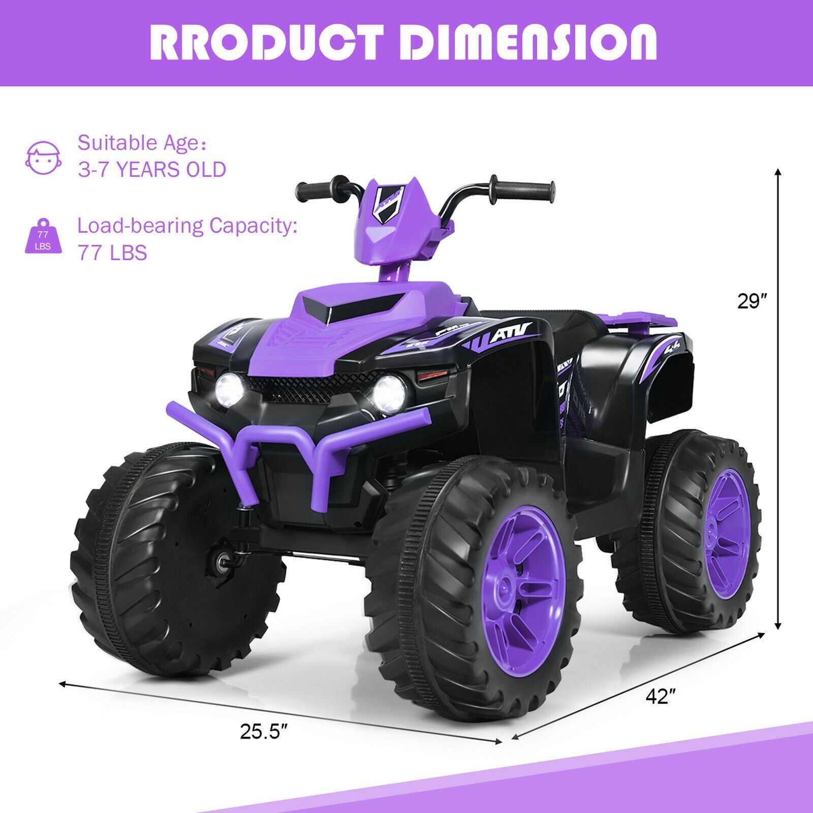 12V Electric Kids Ride-On ATV 4 Wheeler Quad with Music and LED Lights Purple Trend Times 1