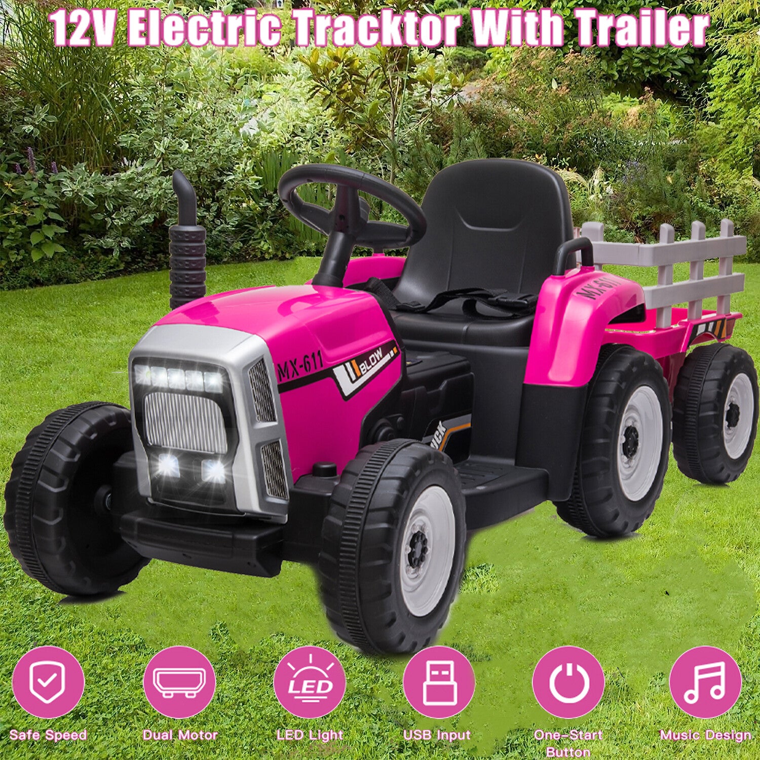 12V Electric Ride-On Tractor with Trailer, Battery Powered, Remote Control Trend Times 0