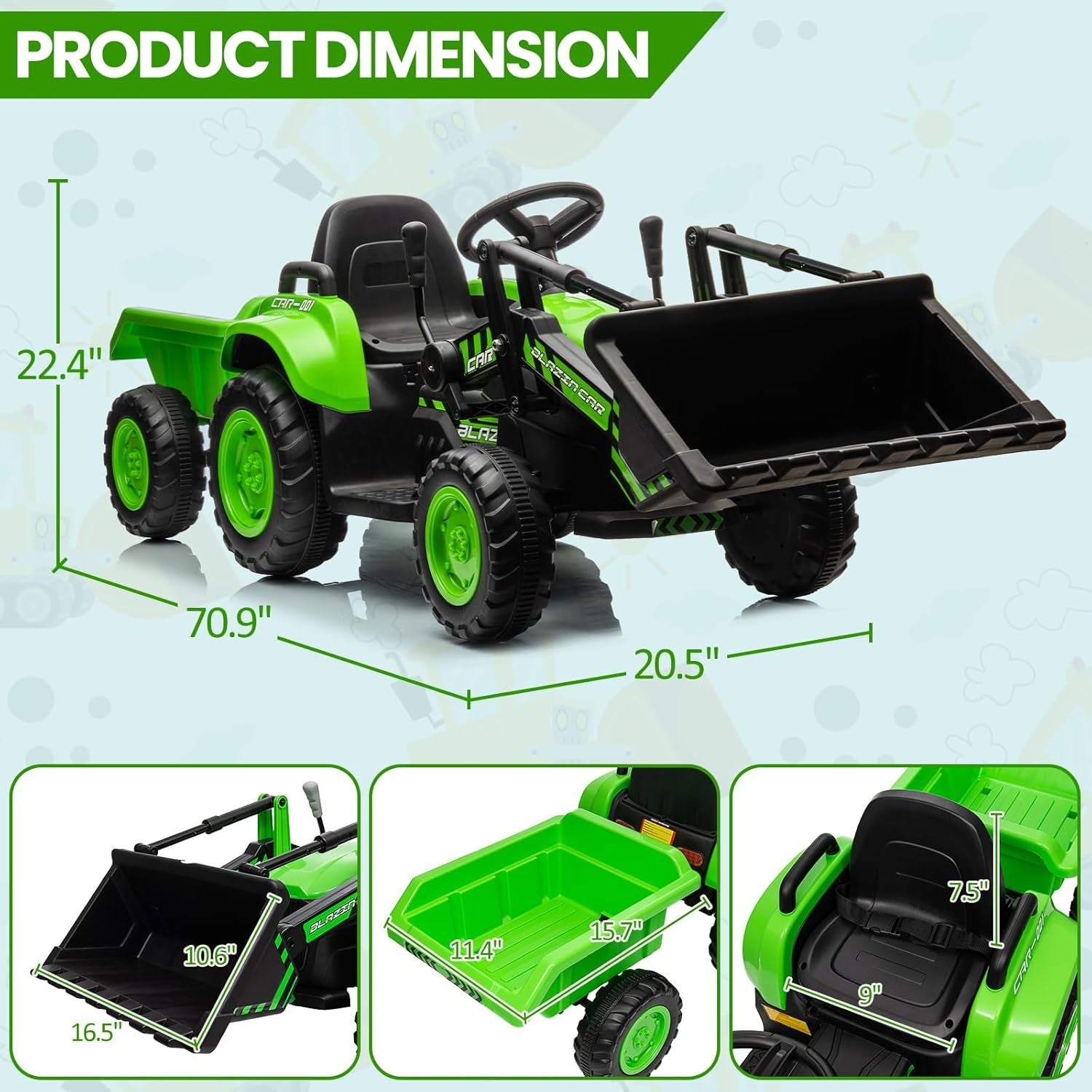 12V Remote Control 3-in-1 Ride-On Excavator Tractor Trailer Dozer Toy with Bucket Trend Times 1