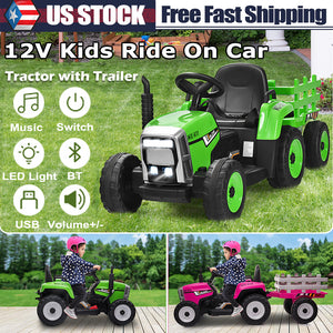 12V Kids Electric Ride-On Tractor Toy with Trailer and Remote Control Trend Times 2