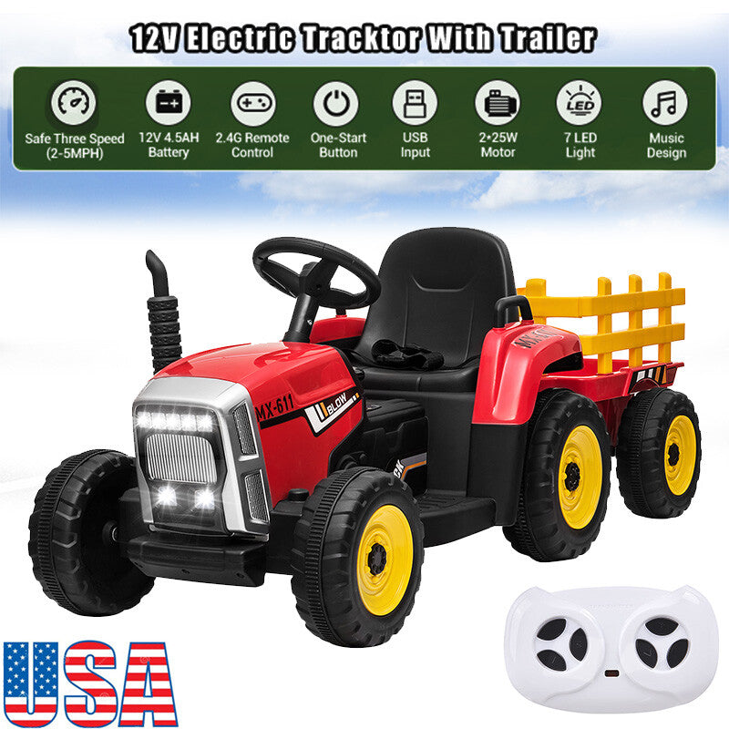 12V Battery-Powered Kids Electric Ride-On Tractor with Trailer and Remote Control Trend Times 0