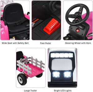 12V Battery-Powered Kids Electric Ride-On Tractor with Trailer, LED Lights, and USB Charging Trend Times 6