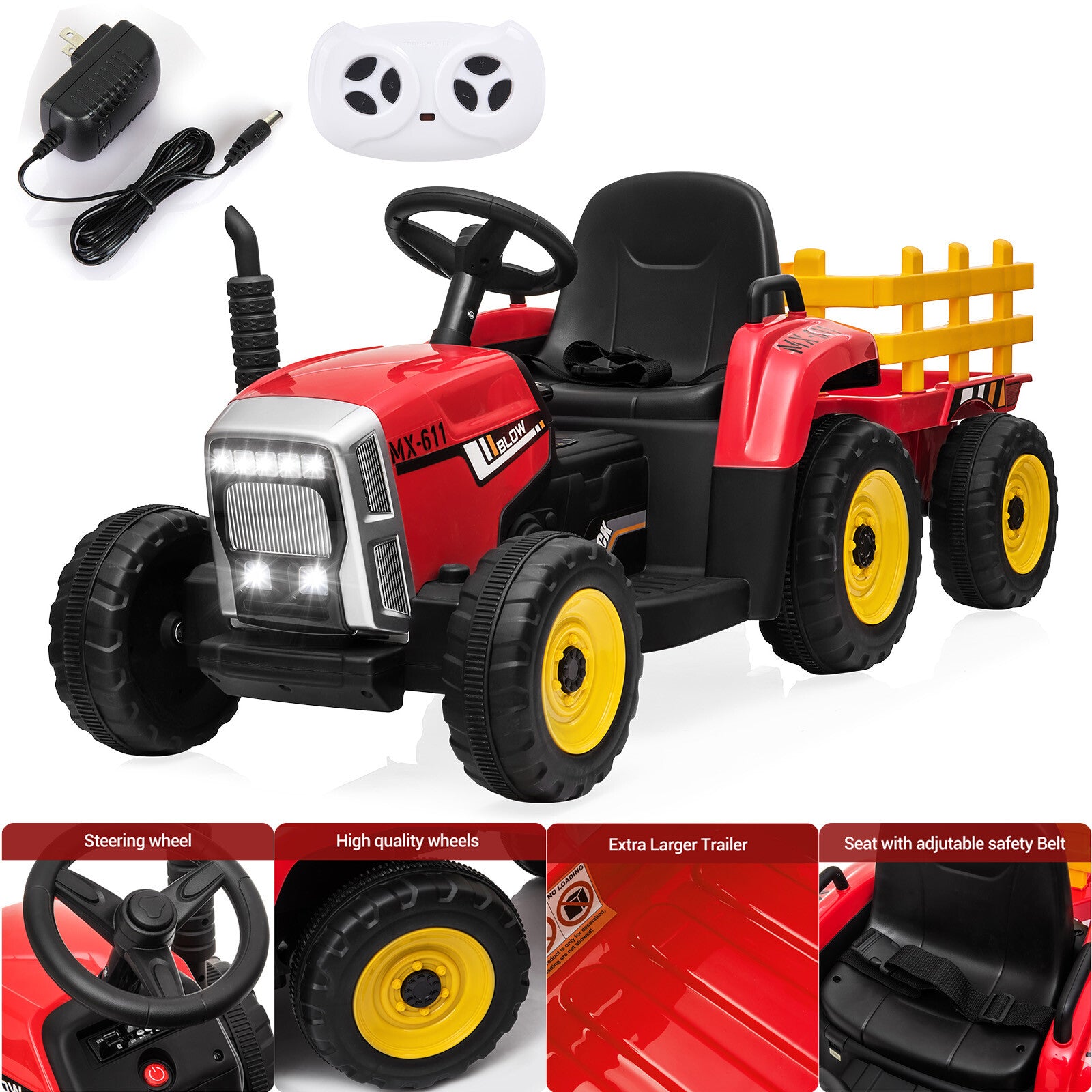 12V Kids Ride-On Electric Tractor Car with Trailer, Remote Control, LED Lights, and MP3 - Red Trend Times 1