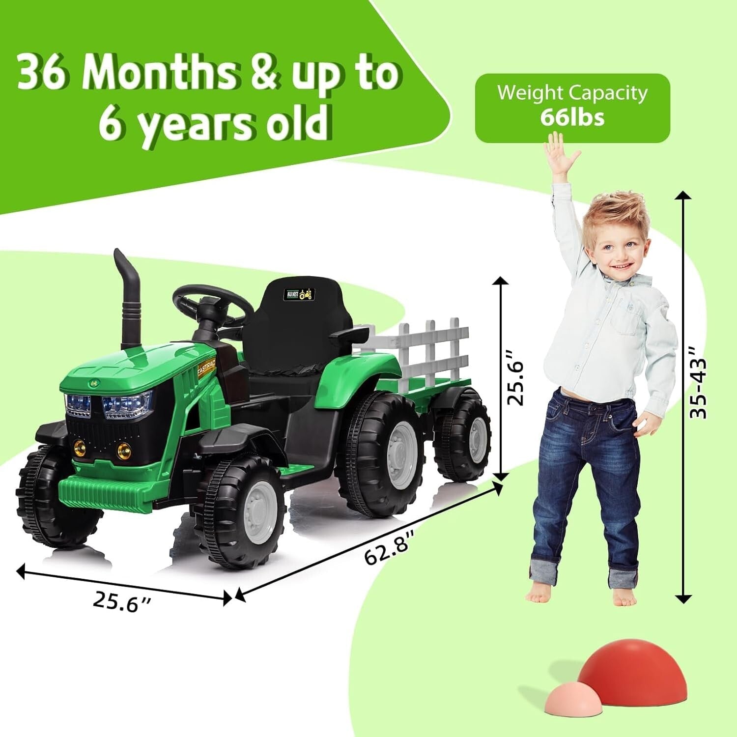 12V Kids Electric Ride-On Tractor Toy with Detachable Trailer and Remote Control Green Trend Times 1