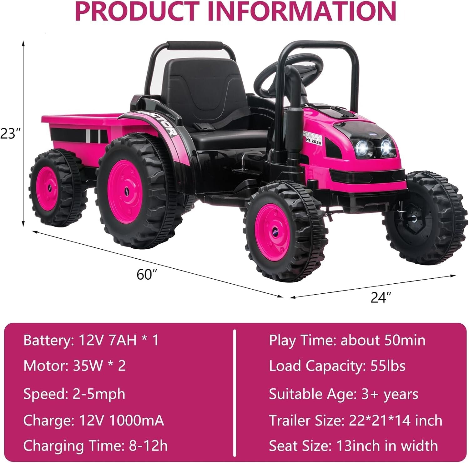 12V Electric Kids Ride-On Tractor Toy with Trailer and Remote Control in Pink Trend Times 1
