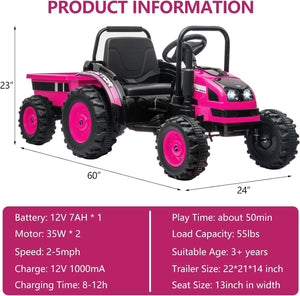 12V Electric Kids Ride-On Tractor Toy with Trailer and Remote Control in Pink Trend Times 1