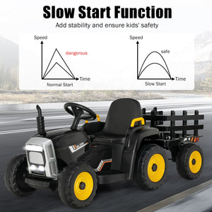 12V Kids Ride-On Tractor with Trailer and Ground Loader Remote Control and Lights in Black Trend Times 7