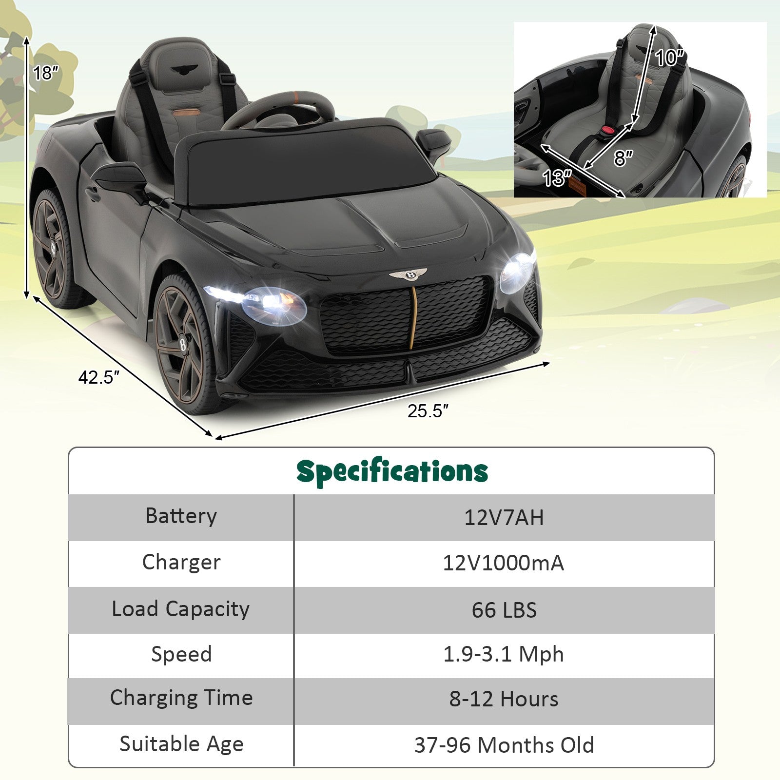 12V Licensed Bentley Bacalar Kids Electric Ride-On Car with Remote Control Black Trend Times 1