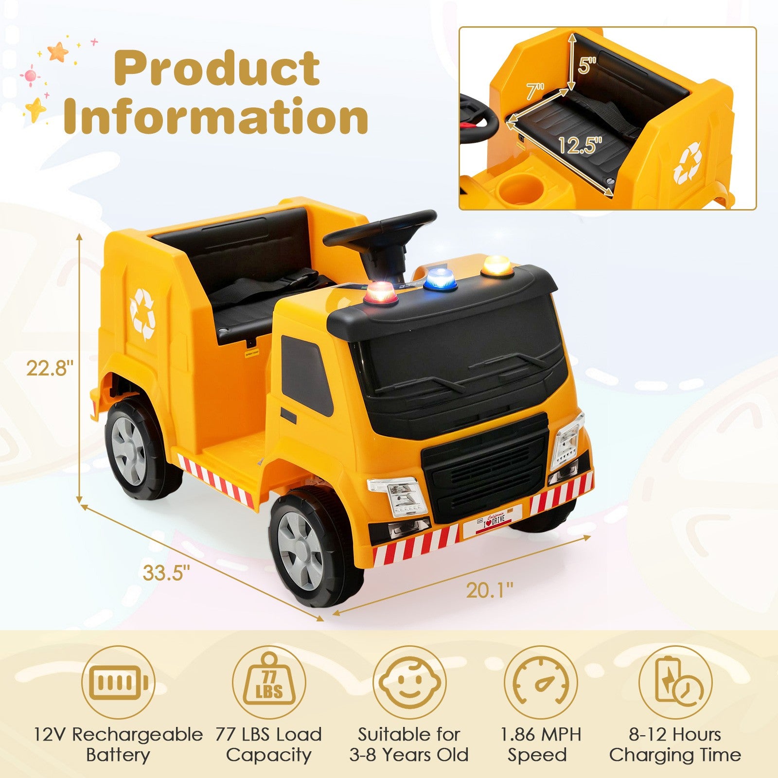 12V Electric Ride-On Recycling Garbage Truck Toy with Remote Control and Accessories Trend Times 1