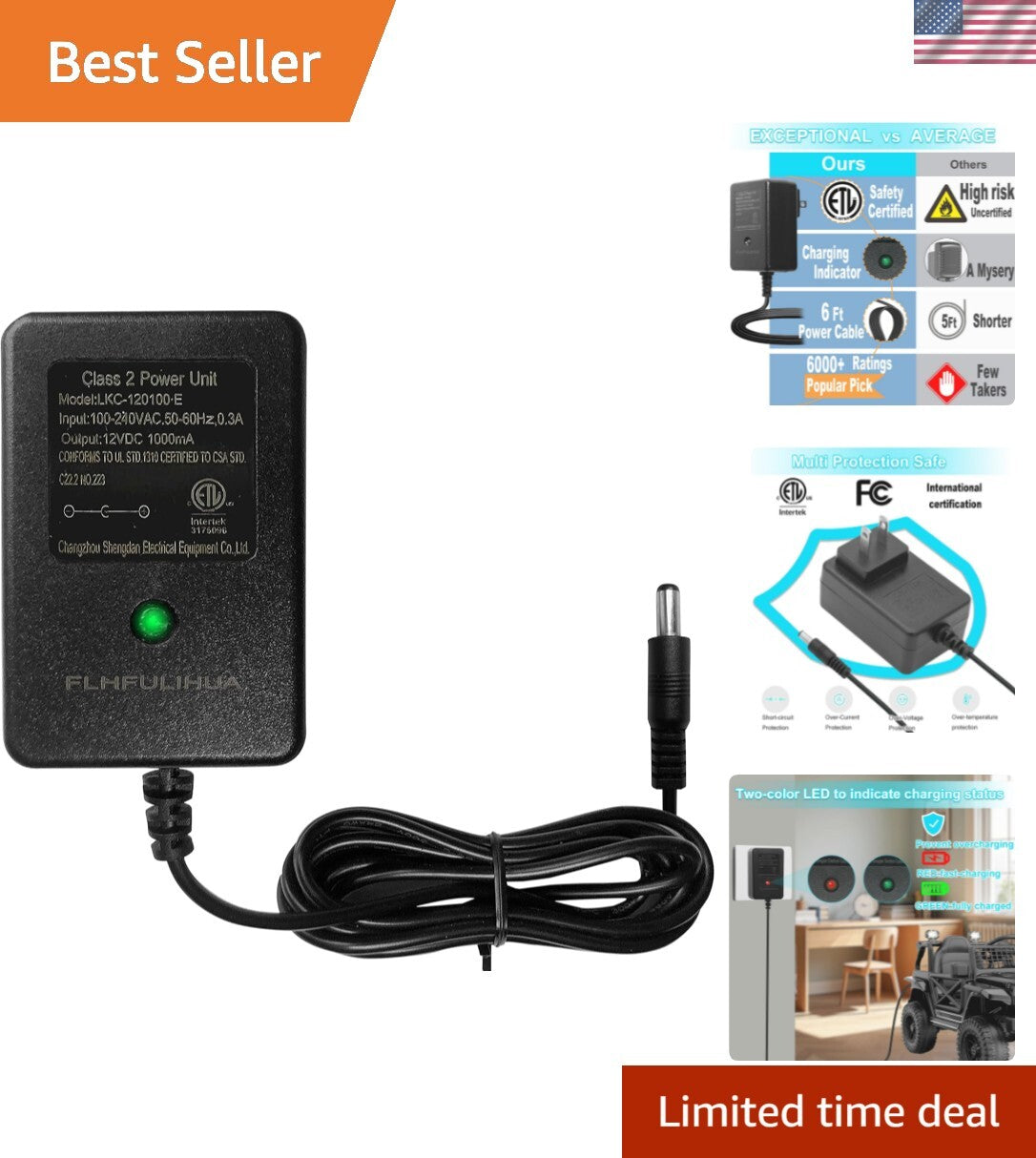 12V Ride-On Toy Battery Charger with Overcharge Protection and 6ft Cord Trend Times 0