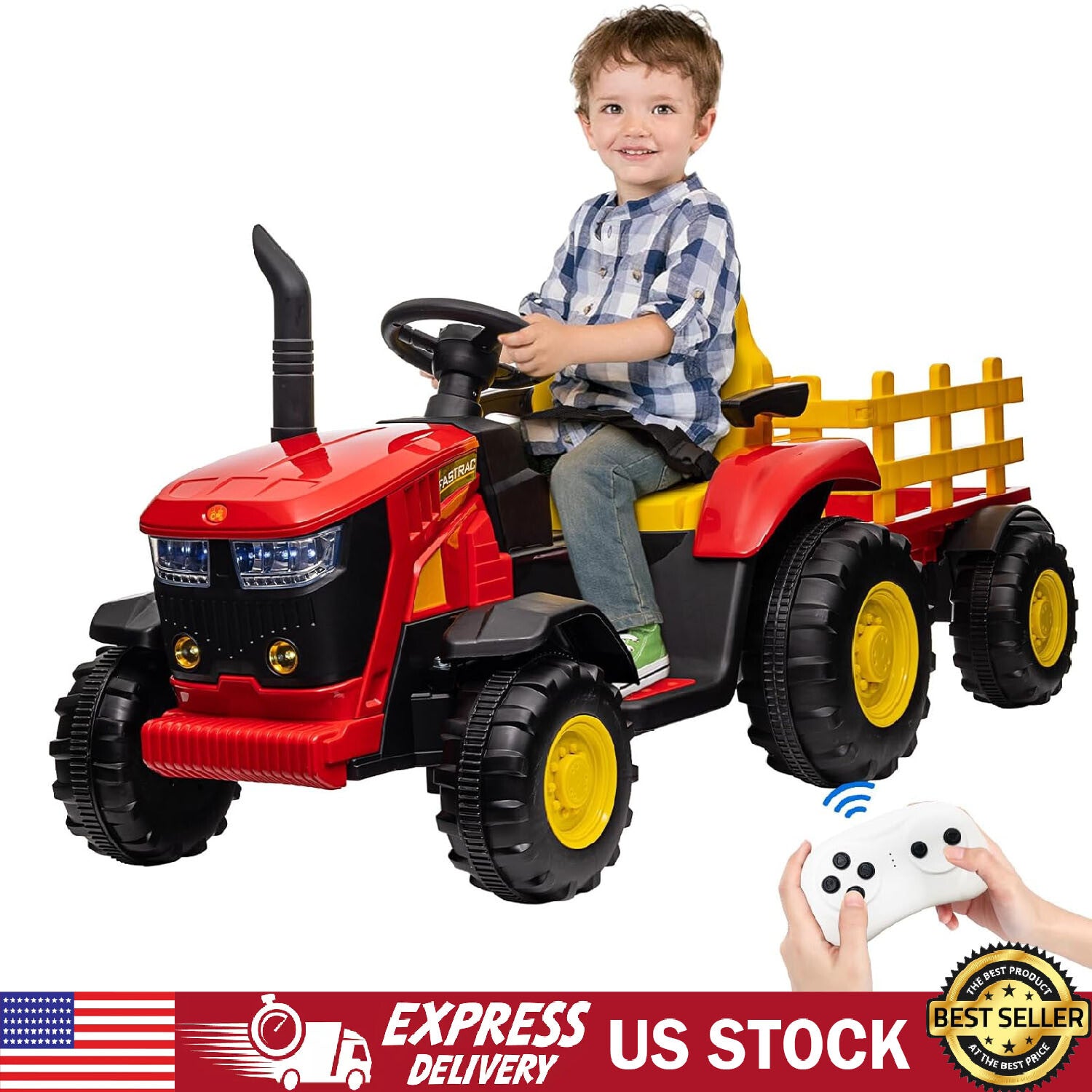 12V Battery-Powered Electric Ride-On Tractor with Trailer and Remote Control Toy Trend Times 0