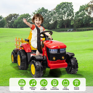 12V Battery-Powered Electric Ride-On Tractor with Trailer and Remote Control Toy Trend Times 1