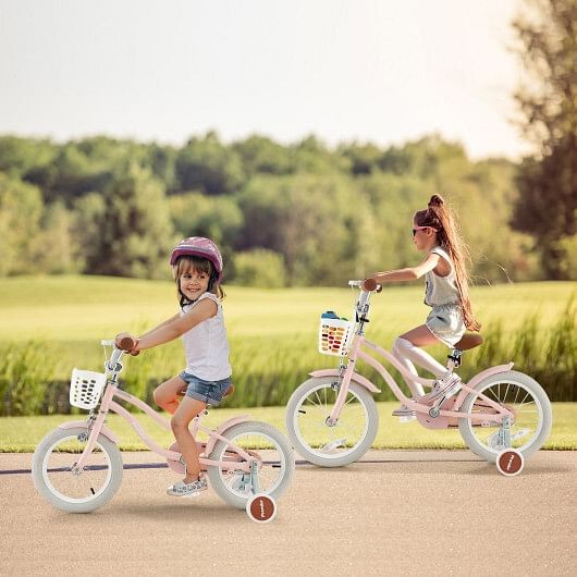14 Inch Kids Bike with Removable Training Wheels and Front Basket in Pink Trend Times 1