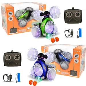 2-Pack Rechargeable Remote Control Tornado Stunt Flip Cars in Blue and Green Trend Times 3