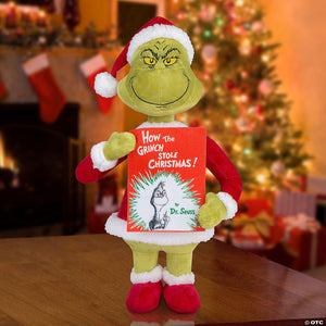 2 holiday greeter stuffed grinch in santa suit with dr seuss& 8482 book christmas decoration~ss880165g-a02