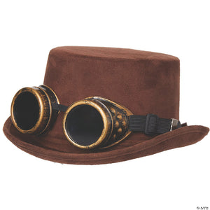 adults brown faux suede steampunk hat with gold goggles~ur29526os