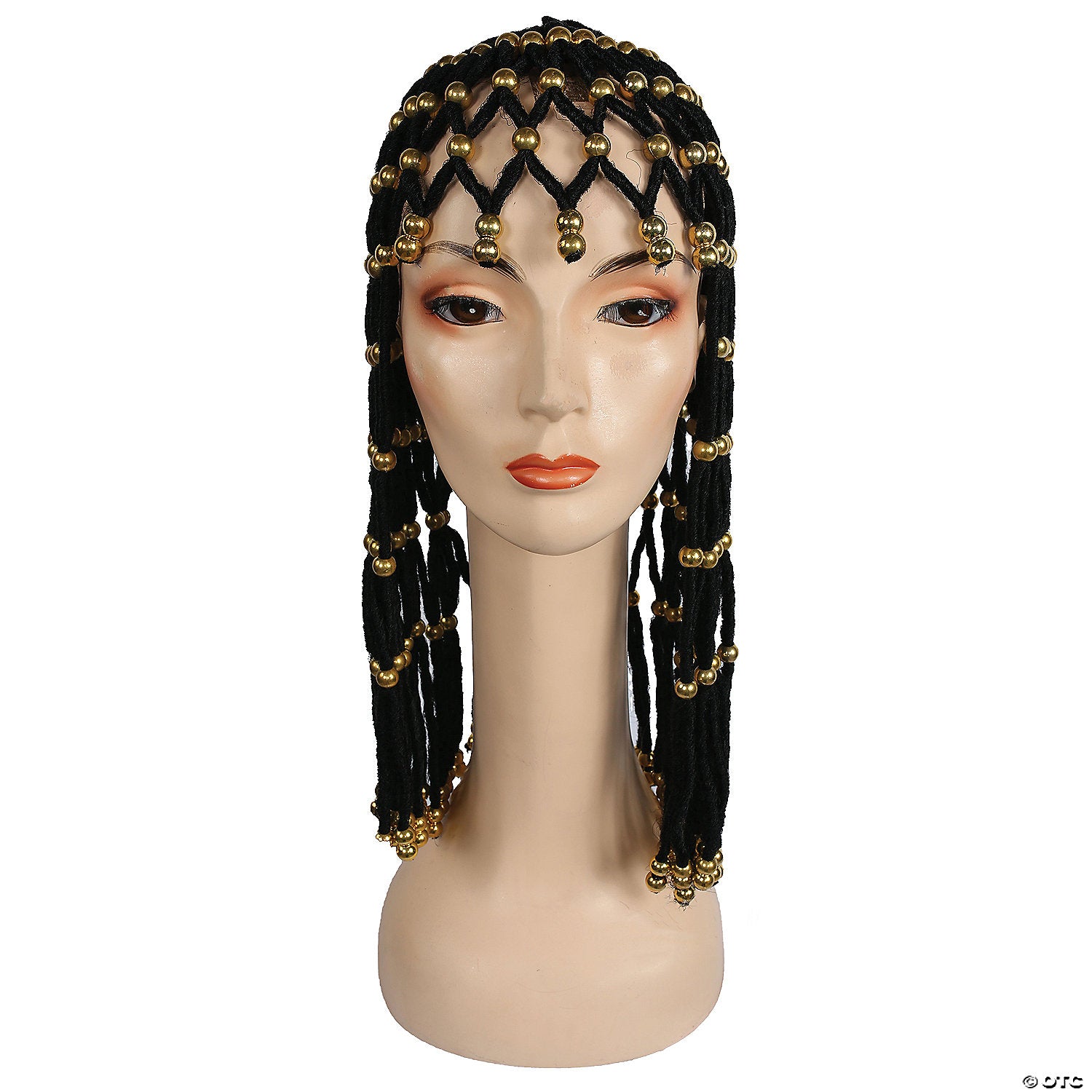 women s black headdress with gold beads wig~lw190bkg