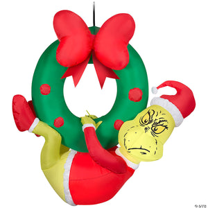sup blowup inflatable grinch hanging from wreath with built in lights christmas outdoor yard decoration~ss114290g-a02