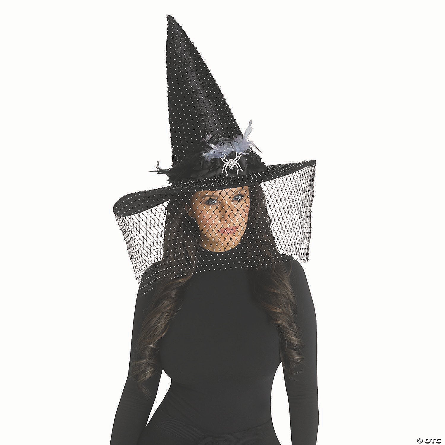 adults black poiyester witch hat with feathers spider bling & net veil costume accessory~fw93716f