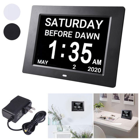 8in Large Digital Calendar Day Clock with 6-Alarm Black/White