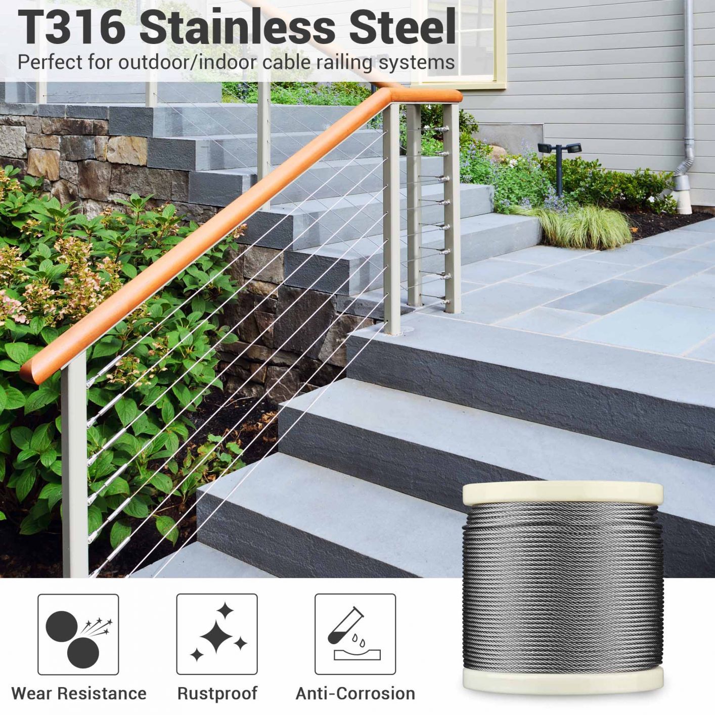 1/8" T316 Stainless Steel Cable Wire Rope 7x7 Aircraft Strand Coil & Reel 500FT - Trend Times Toy Stores