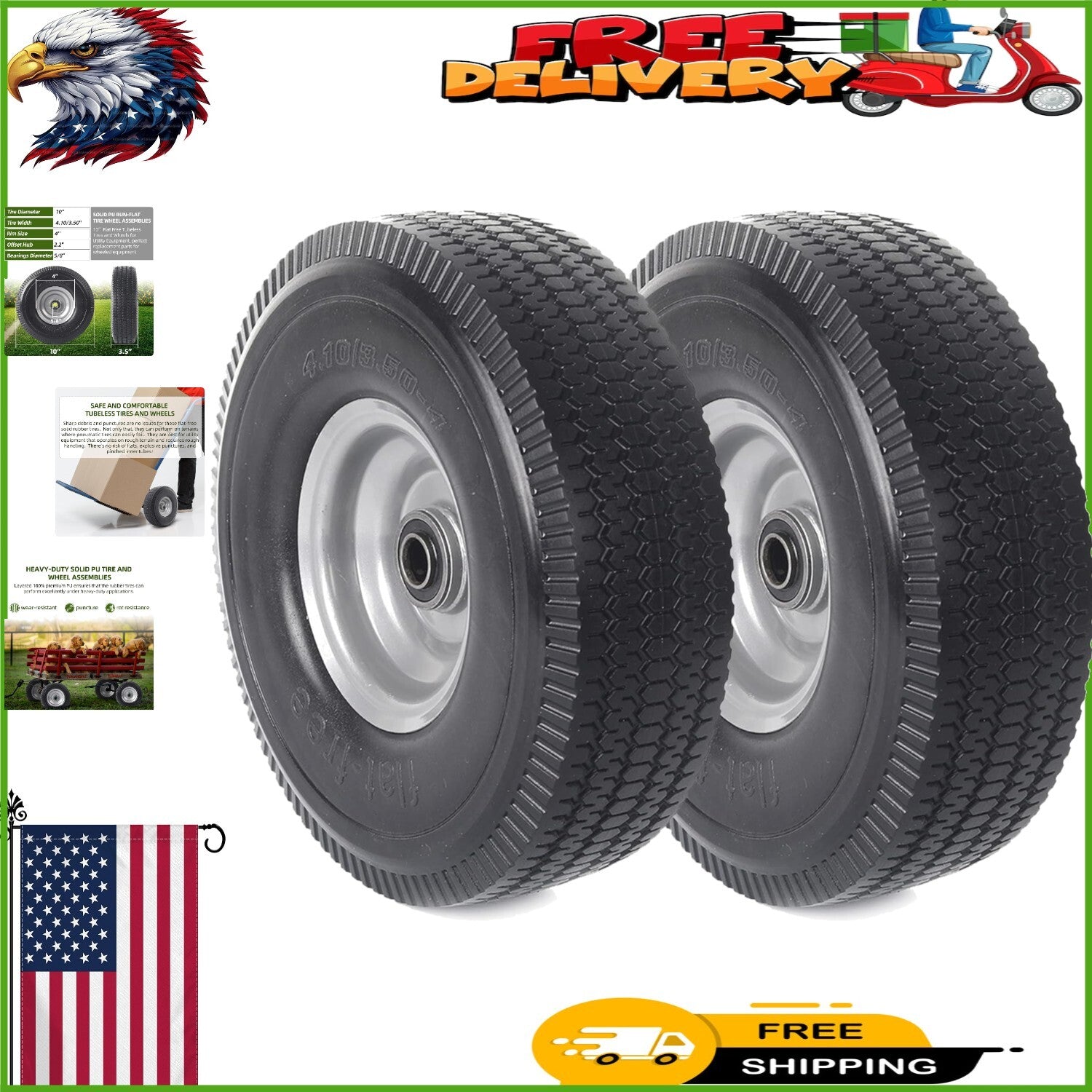 10-Inch Solid Tire and Wheel Assembly with Bearings 2-Pack Maintenance-Free Trend Times 0