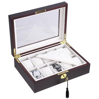 10 Ebony Wood Glass Top Watch Display Jewelry Box Father's Day Gift Collection - Trend Times Toy Stores