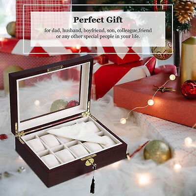 10 Ebony Wood Glass Top Watch Display Jewelry Box Father's Day Gift Collection - Trend Times Toy Stores