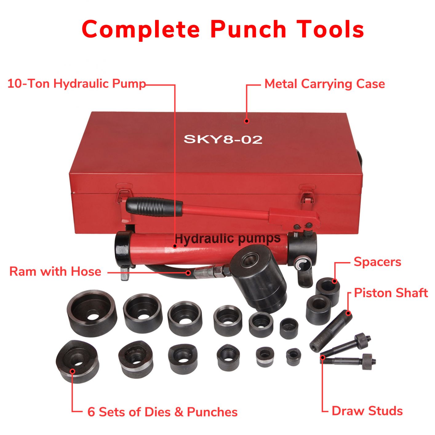 10 Ton 6 Die Hydraulic Knockout Punch Hand Pump Hole Tool Driver Kit w/ Case New Red - Trend Times Toy Stores