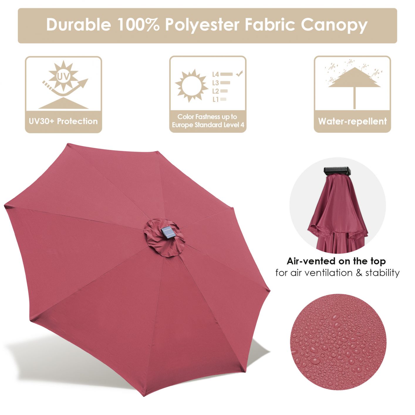 10ft Solar Powered Patio Umbrella Outdoor Yard Parasol Sunshade Tilt with Crank Terra Red - Trend Times Toy Stores