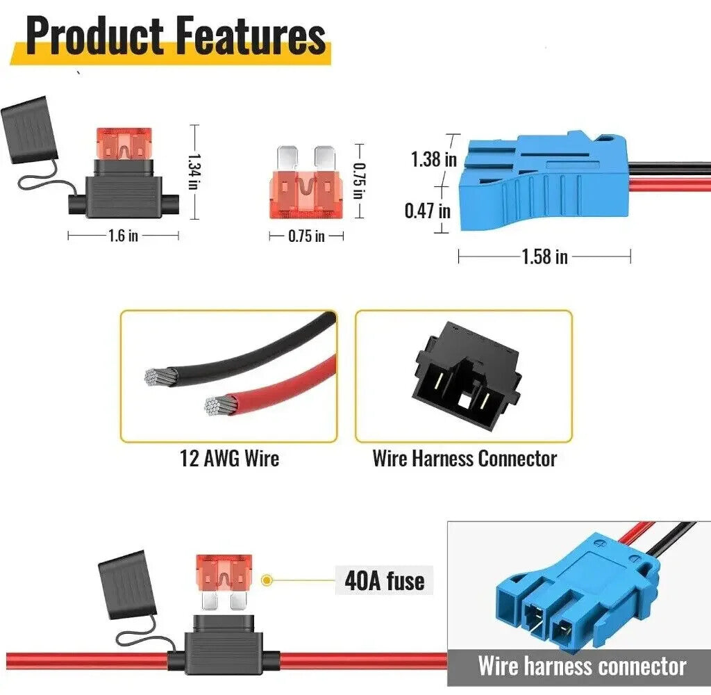 12 AWG 40A Battery Wire Harness Connector Compatible with 12V Peg Perego Cars Trend Times 5