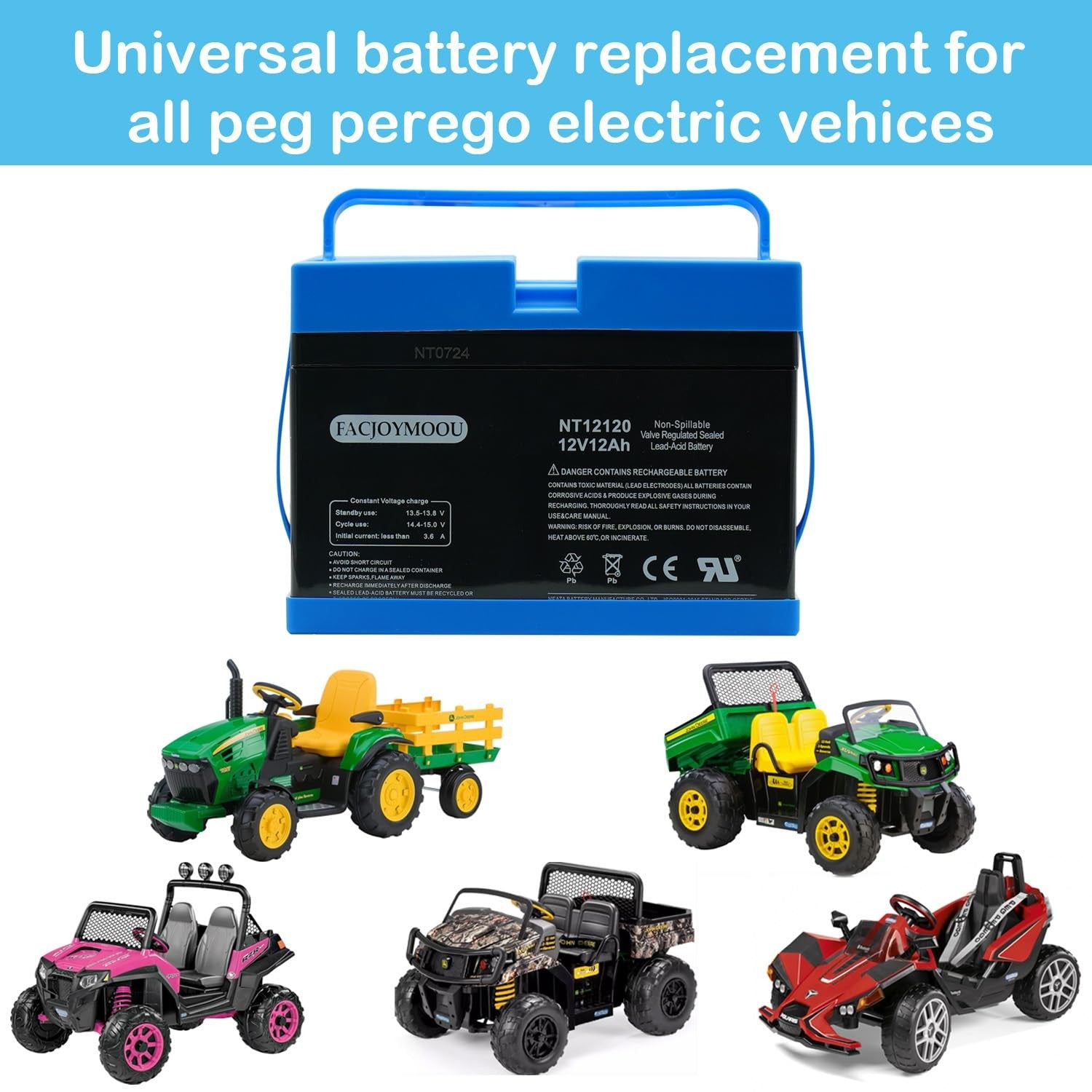 12 Volt Rechargeable Battery Compatible with Peg Perego John Deere Gator Polaris Gaucho Rock'in Case Trend Times 1