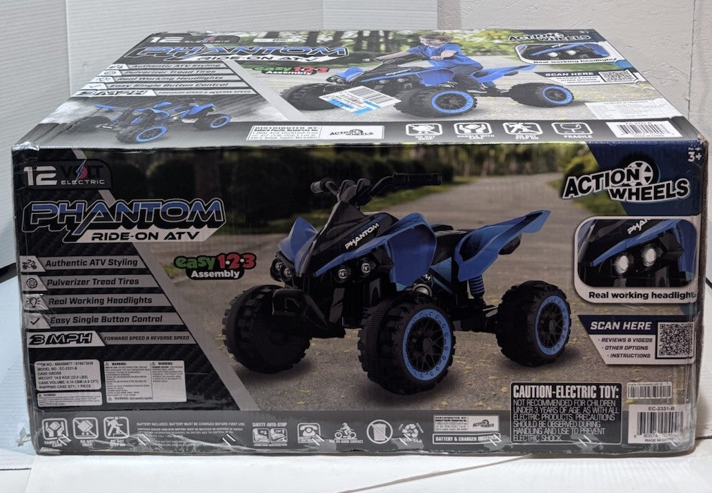 12 Volt Blue Phantom ATV Ride-On with Action Wheels, Battery Powered for Boys and Girls Trend Times 1