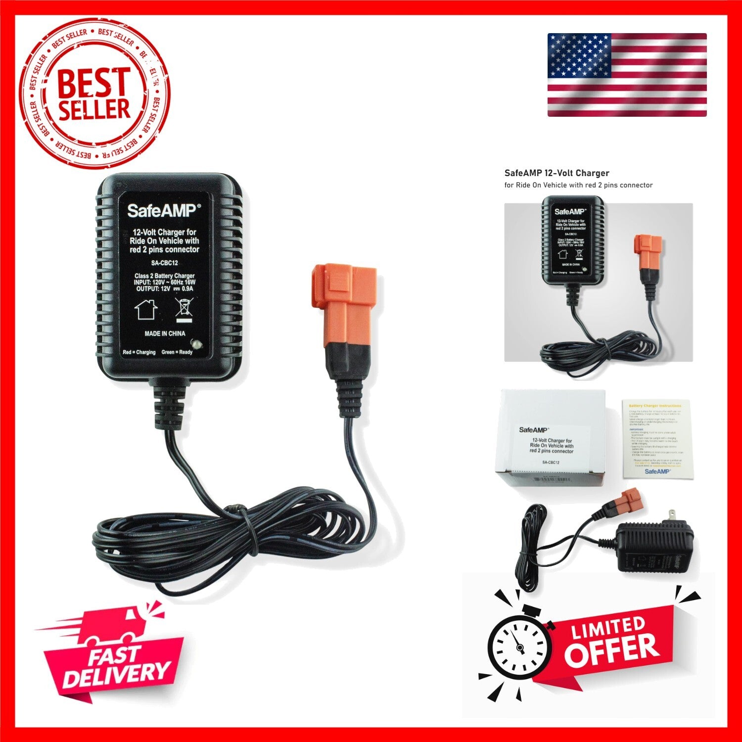 12-Volt Charger with Red 2-Pin Connector for Ride-On Vehicles Trend Times Variant 0