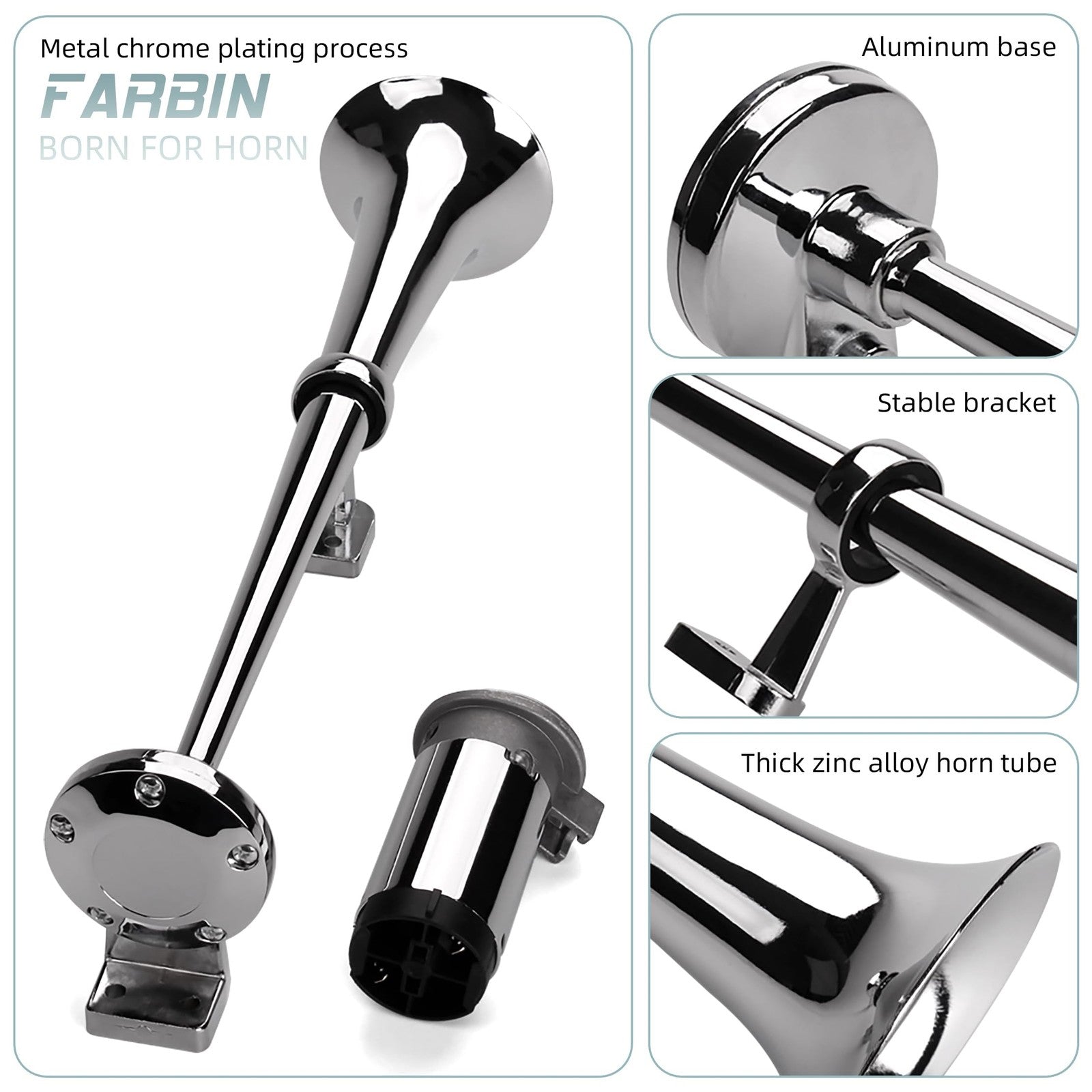 12V 150dB Air Horn Kit 18-Inch Chrome Zinc Single Trumpet Loud Truck Horn Trend Times 3
