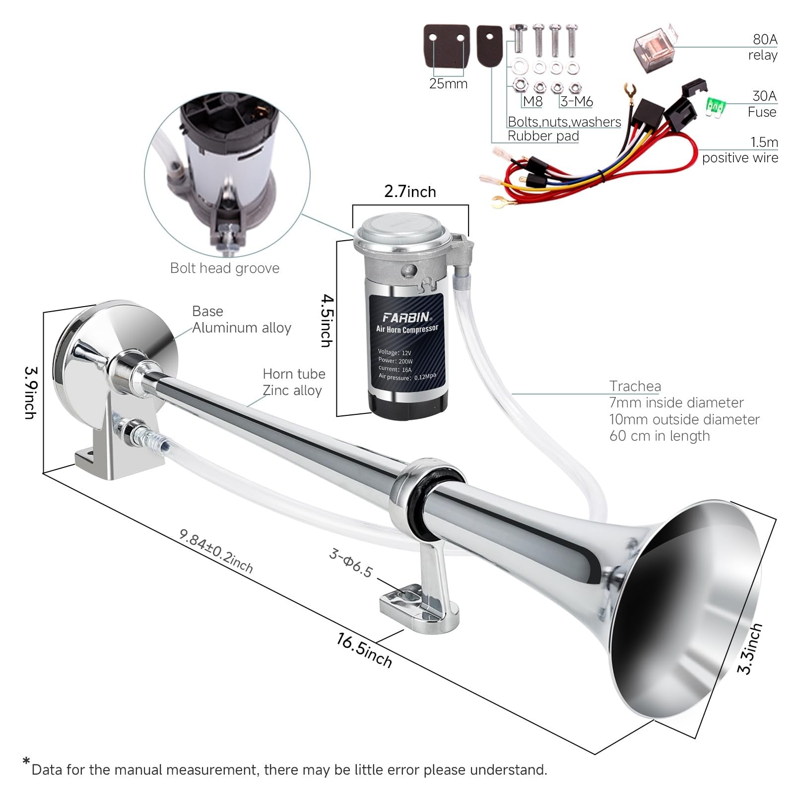 12V 150dB Air Horn Kit 18-Inch Chrome Zinc Single Trumpet Loud Truck Horn Trend Times 5