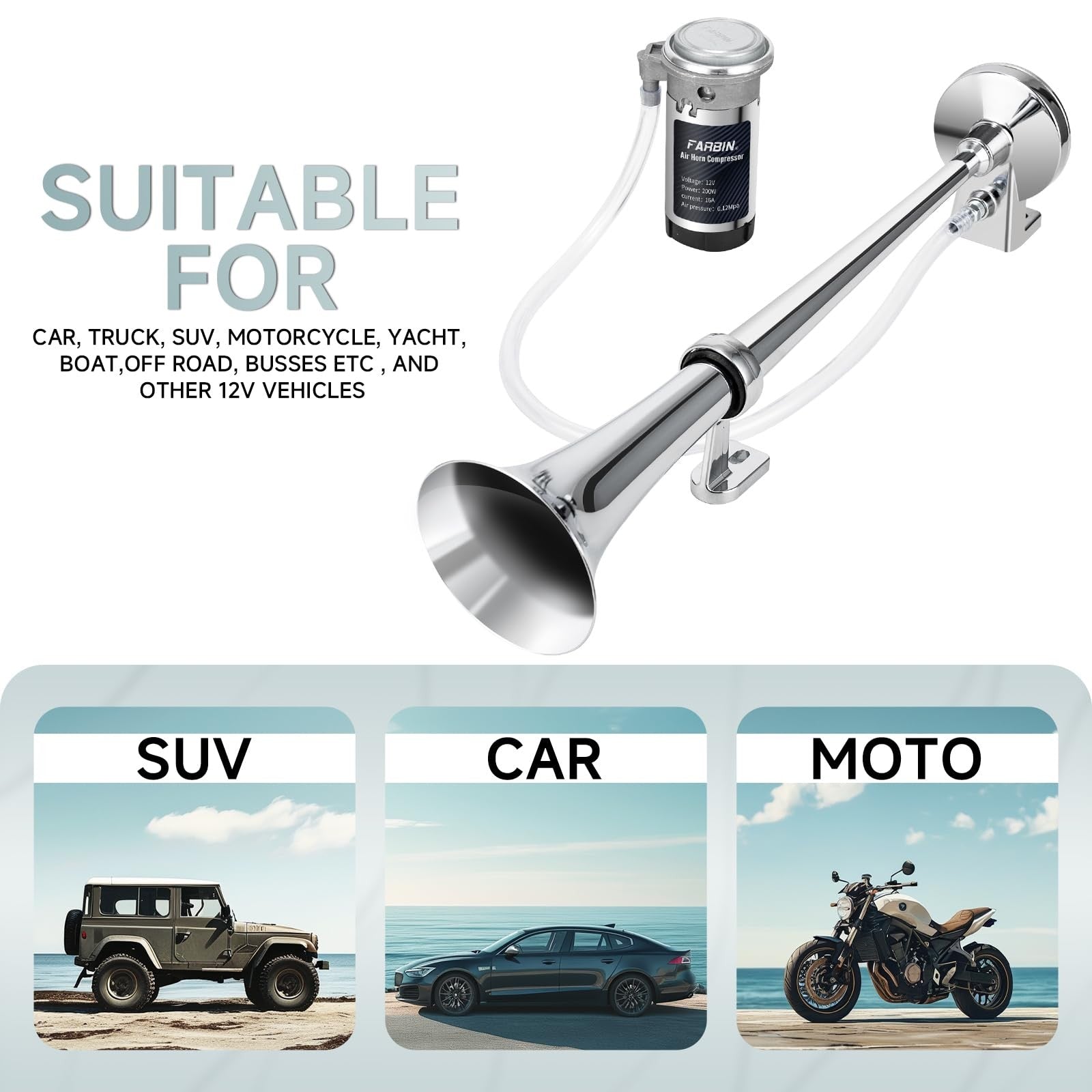 12V 150dB Air Horn Kit 18-Inch Chrome Zinc Single Trumpet Loud Truck Horn Trend Times 7