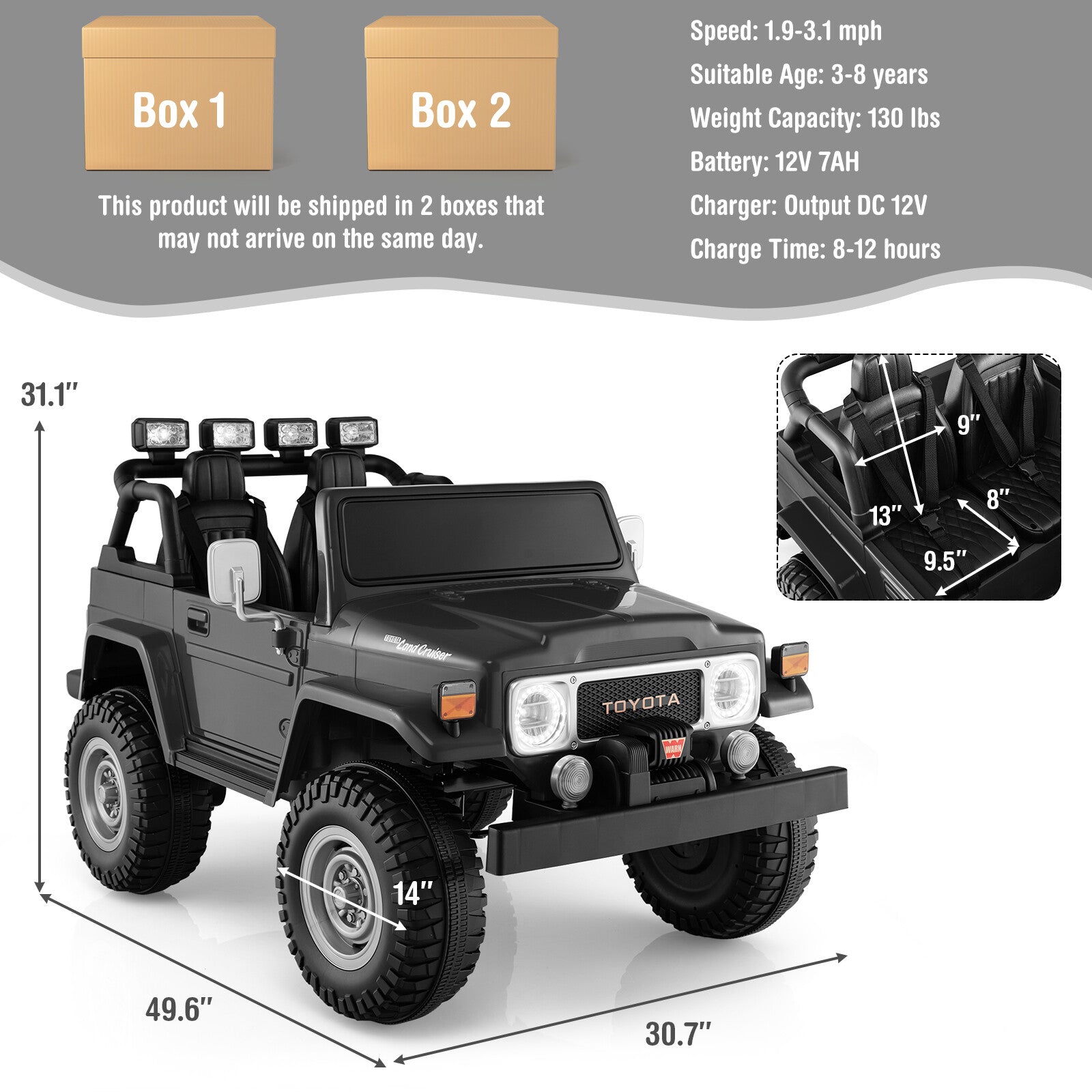 12V 2-Seater Battery-Powered Ride-On Car with 3-Point Seat Belts and Doors, Black Trend Times 1