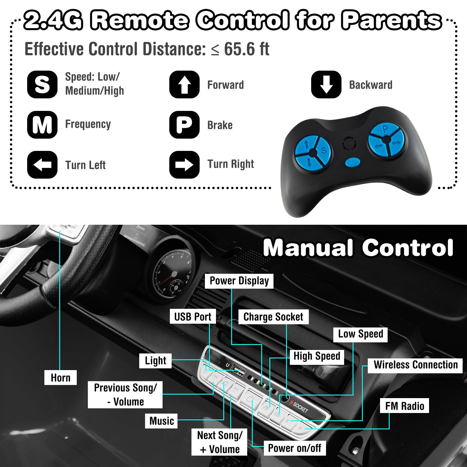 12V 2-Seater Battery-Powered Ride-On Car with 3-Point Seat Belts and Doors, Black Trend Times 3