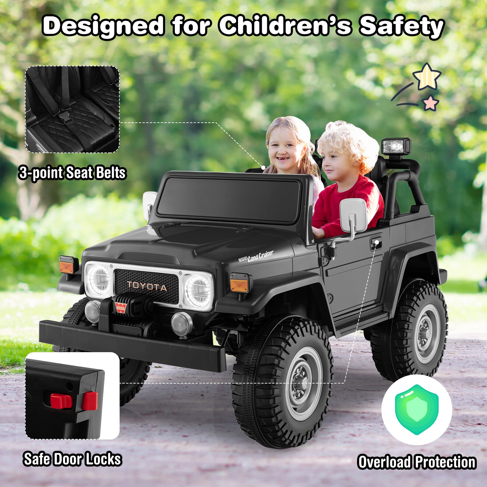 12V 2-Seater Battery-Powered Ride-On Car with 3-Point Seat Belts and Doors, Black Trend Times 4