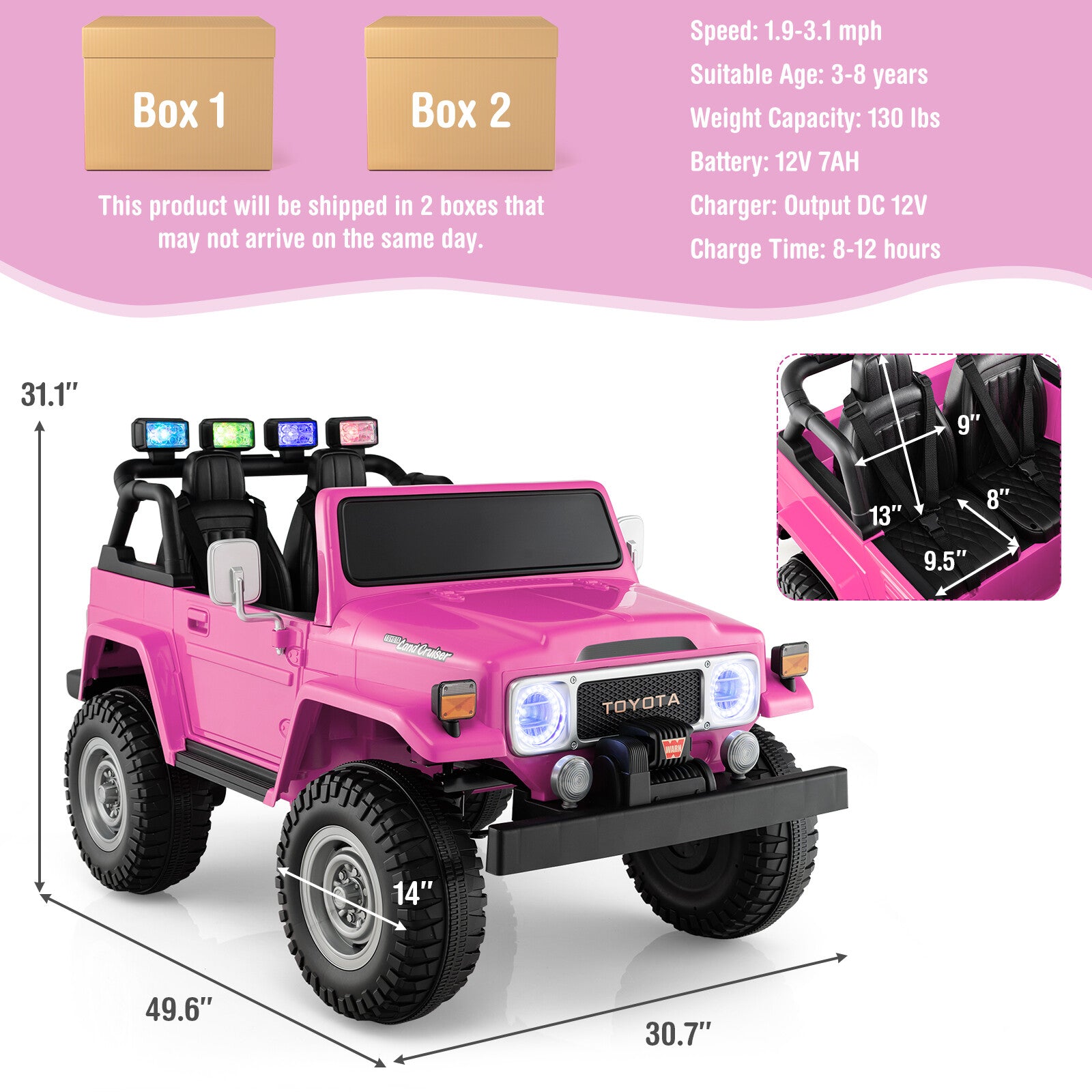 12V 2-Seater Battery Powered Ride-On Car with 3-Point Seat Belts and Doors Pink Trend Times 1